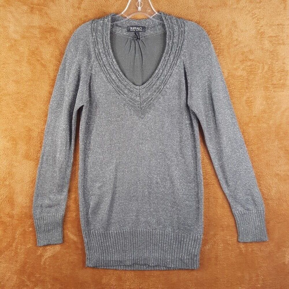 BUFFALO Womens Sweater Large Gray Pullover Tunic Silver Knit VNeck Raglan Sleeve